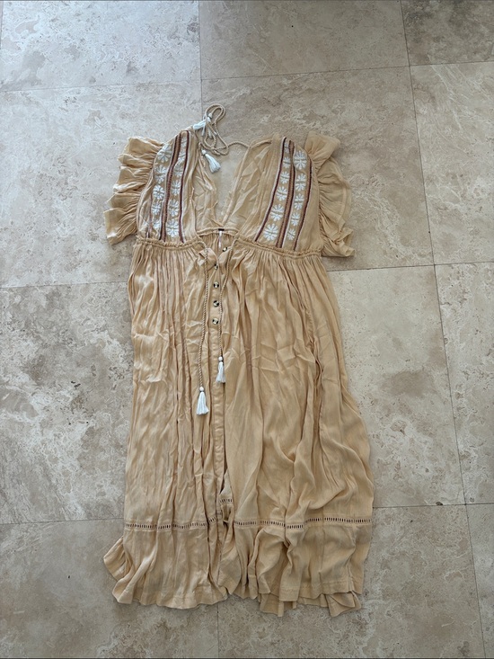 Free People Dresses & Skirts - Free People Cream-Beige Embroidered Maxi Dress with Tassel Tie